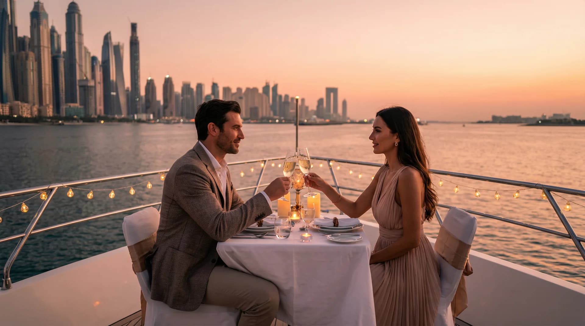 Romantic Cruises yacht charter options in Dubai - Intimate yachts perfect for couples, proposals, and anniversaries.