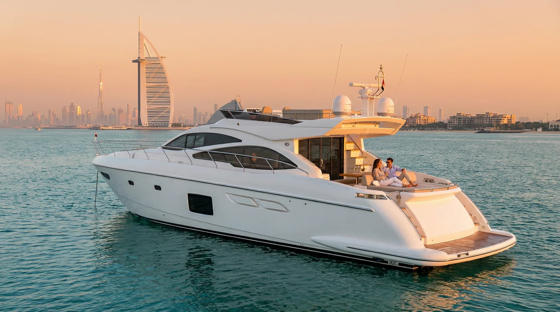 Luxury yacht cruising Dubai waters at sunset